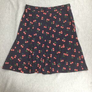 Talbots Skirt 10 Cherry Print Knee Length A-Line Flare Navy Blue Stretch